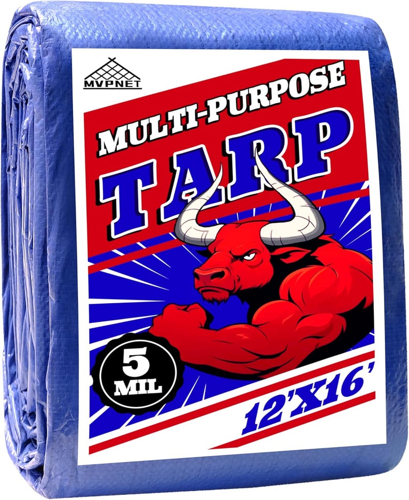 MVPNET Tarp 12x16 ft 100% Waterproof Uv Resistant High Durability Multipurpose 5mil Blue Tarp for Covering Courtyards, Cars, Camping, Gardens, Pet Nests -by - Image 1
